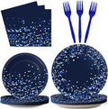 96 Pcs Blue and Silver Party Supplies Dot Confetti Paper Plates Sparkly Glitter Theme Party Decoration Confetti Party Tableware Set Bridal Shower Birthday Party Paper Plate Napkin Fork 24 Guests
