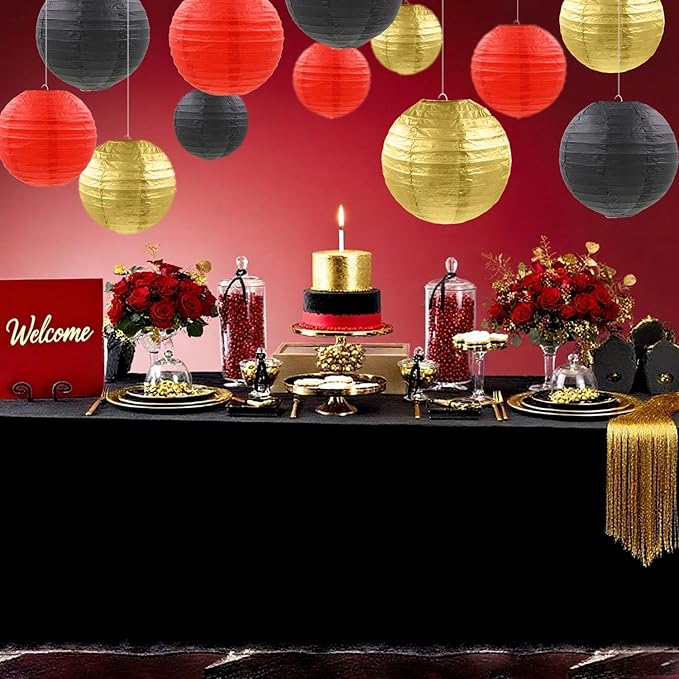 12 Pcs Red Black Gold Paper Lanterns Round Hanging Paper Lanterns for Birthday Wedding Graduation New Year Bachelorette Party Decoration