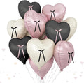 Pink and Black Heart Balloons with Ribbon Bow, 10 Pcs Light Baby Pink Cream Heart Shape Foil Balloons, 18Inch Helium Balloon with Bow Decoration for Girls Women Brithday Baby Shower Bachelorette Party