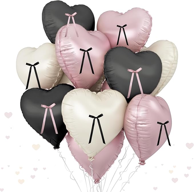 Pink and Black Heart Balloons with Ribbon Bow, 10 Pcs Light Baby Pink Cream Heart Shape Foil Balloons, 18Inch Helium Balloon with Bow Decoration for Girls Women Brithday Baby Shower Bachelorette Party