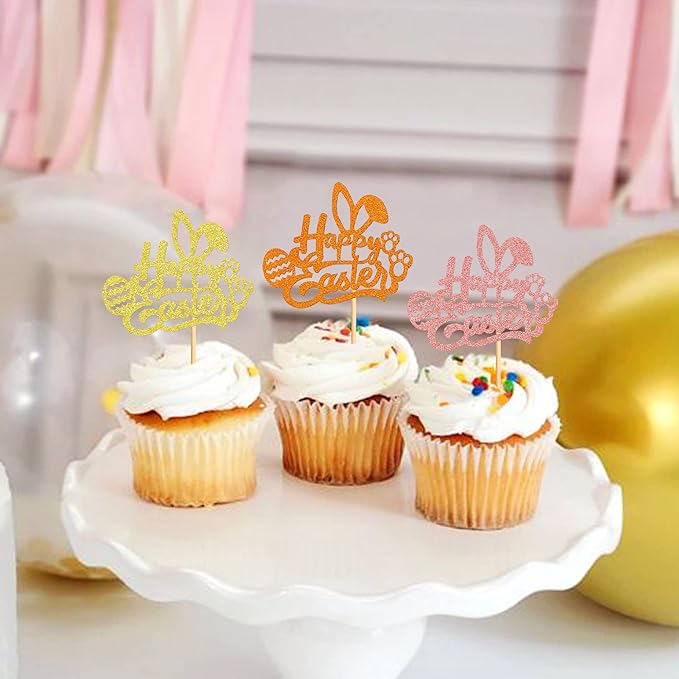 Ercadio 24Pcs Gold Pink Orange Happy Easter Cupcake Toppers Glitter Happy Easter Bunny Ears Cupcake Picks for Easter Day Baby Shower Easter Birthday Wedding Anniversary Party Decor Supplies