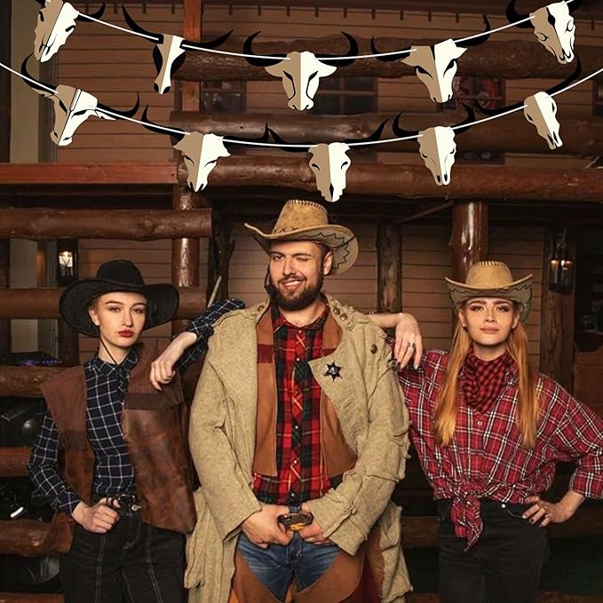 Hooqict Western Cowboy Rodeo Party Banner Western Birthday Party Decorations Bull Skull Banner Western Happy Birthday Banner Garland for Wild West Country Birthday Decorations