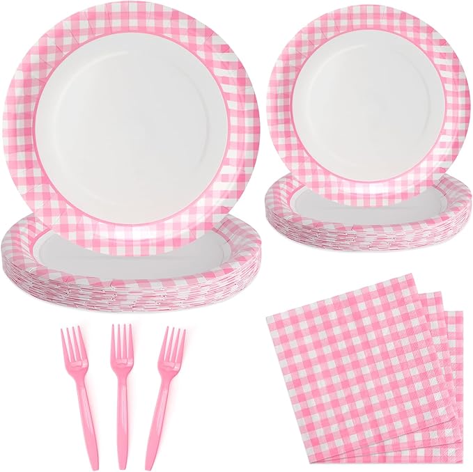 168PCS Party Plates, Scalloped Gingham Paper Plates and Cups and Napkins Sets Party Supplies for Birthday Wedding Bridal Shower Baby Shower Picnic, Serve for 24 Guests (Pink Gingham)