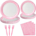 168PCS Party Plates, Scalloped Gingham Paper Plates and Cups and Napkins Sets Party Supplies for Birthday Wedding Bridal Shower Baby Shower Picnic, Serve for 24 Guests (Pink Gingham)
