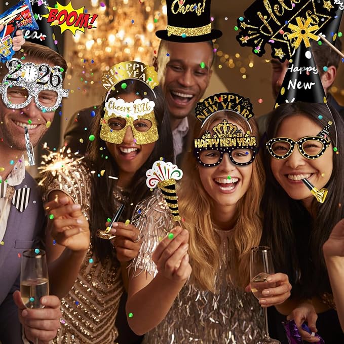 MOVINPE 2026 New Years Eve Party Supplies Set Serve 12, Happy New Year Party Cone Hats, Tiaras, Inflatable Fireworks Gun, Photo Booth Props, Squawkers, Blowouts, Eve Party Favors for Kids Adults