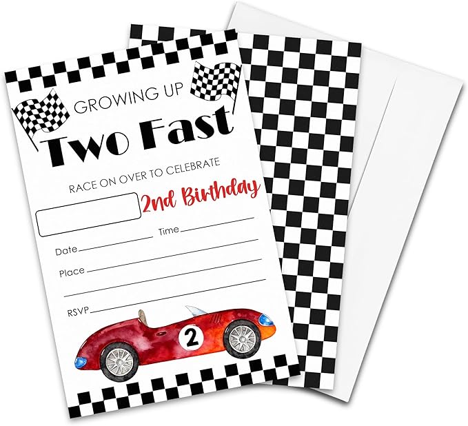 Growing Up Two Fast 2nd Birthday Party Invitations - 20-Pack of 4''x6'' Racing Car Invite Cards with Envelopes, Double-Sided Fill In Birthday Party Celebrate Supplies & Decoration For Girls Boys - A10