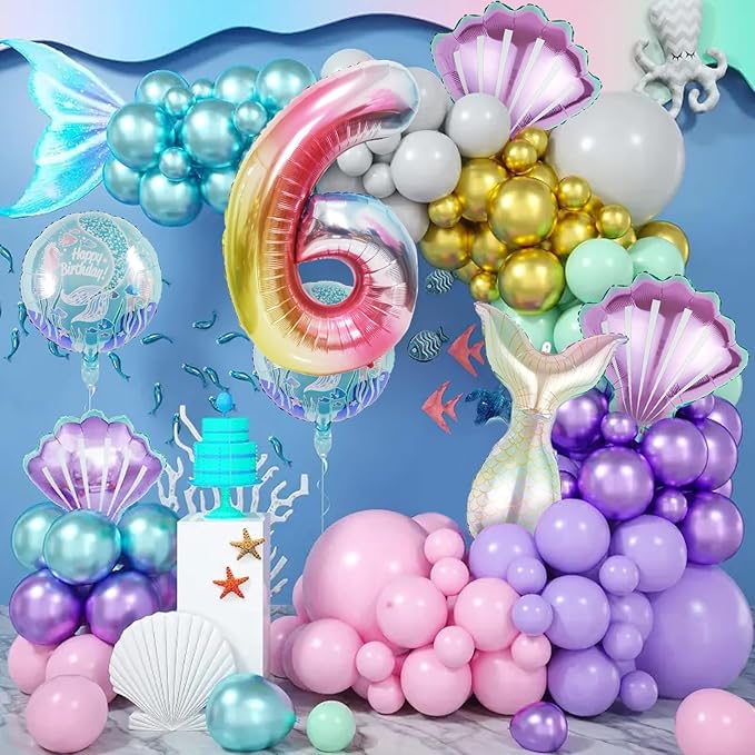 Mermaid Birthday Decorations Mermaid Balloons - Number 6 Balloons for Girls Under The Sea Mermaid Theme Baby Shower Birthday Favors