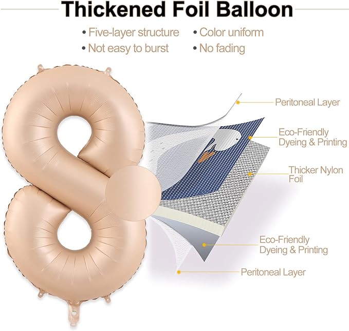 Number 8 Balloon, 8 Balloon, Number Balloons 40 Inch, Beige Large Big Foil Number Balloons for Birthday Party Graduation Wedding Anniversary Baby Shower Bachelorette Decoration Supplies