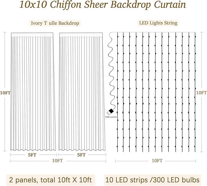 10ft x 10ft Beige Chiffon Backdrop Curtain with Lights String for Parties,2 Panels Sheer Chiffon Curtain Wedding Backdrop with Lights for Baby Shower Birthday Party Ceremony Reception Home Decorations