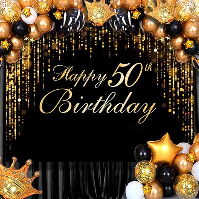Happy 50th Birthday Photo Background, Black Gold Background Screen Suitable for Birthday Party Decoration Black Gold Flashing Photography Background Photography Booth Photographys