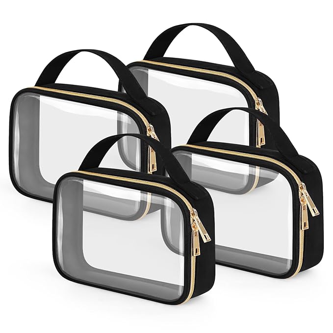 Wedama TSA Approved Toiletry Bag, 4 Pack Clear Makeup Bags with Handles, Quart Size Toiletry Bags, PVC Clear Cosmetic Bags for Women and Men, Carry on Airport Airline Compliant Bag, Black