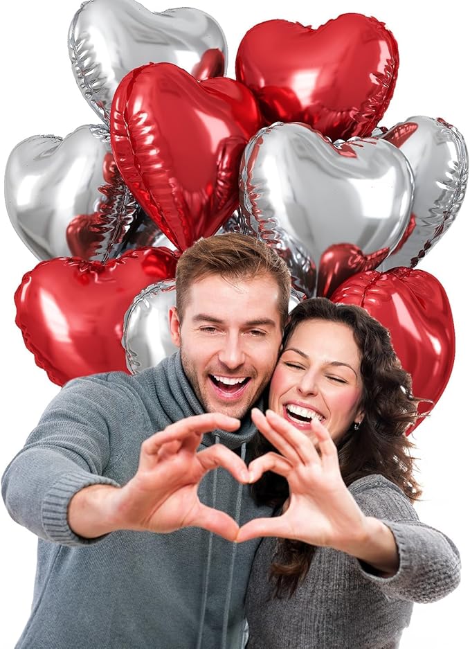 Red Silver Heart Balloons, 18 Inch Red and Silver Heart Shape Foil Balloons for Valentines Day Birthday Wedding Baby Shower Party Decorations Pack of 10