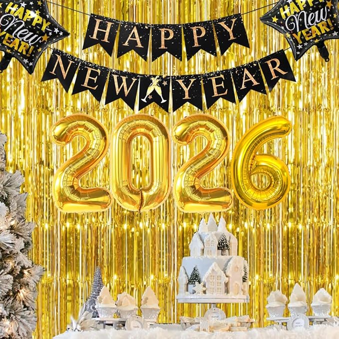 Happy New Years Decorations 2026, New Year Eve Party Supplies Kit Included Foil Curtains Banner Photo Frame Headband Glasses NYE New Year Party Glasses Foil Ballons Party Favor Decor
