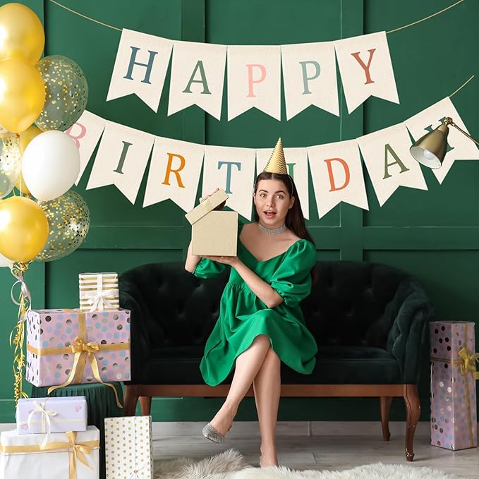 Doumeny Happy Birthday Burlap Banner Boho Birthday Garland Bunting Sage Green Pink Bohemian Party Hanging Flag White Happy Birthday Party Bunting Garland for Women Men Birthday Kid Photo Backdrop