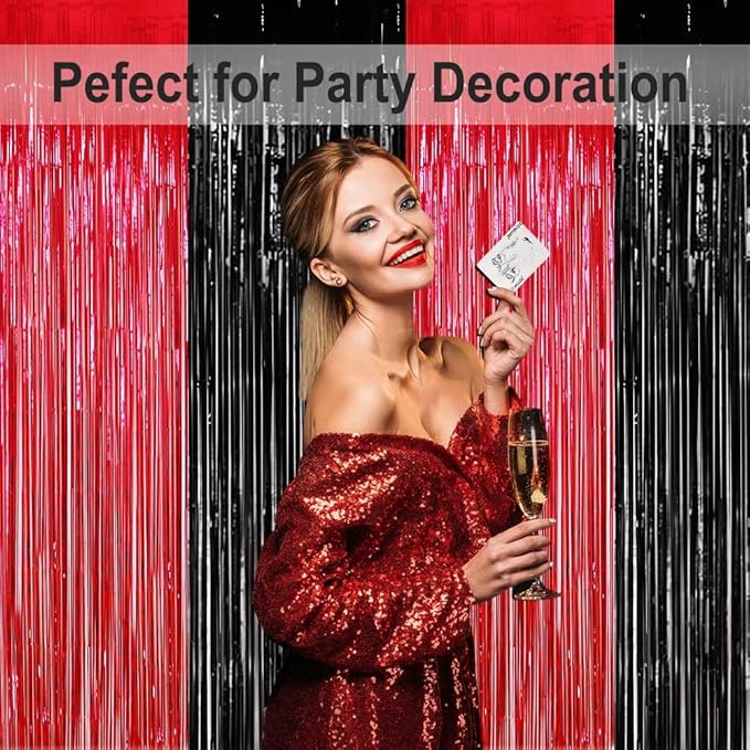 Red and Black Party Decorations- 4 Pack of 3.2x8.2ft Foil Fringe Curtains for Graduation Party Decorations Birthday Backdrop Decorations