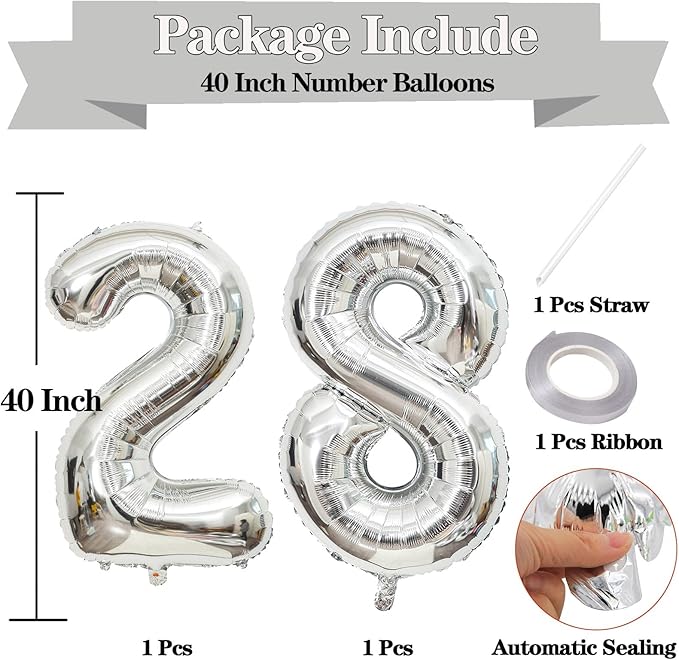 Large Silver 28 Number Balloons, 40 Inch Jumbo Number 28 Balloon, Silver Foil Mylar Balloons for Girl Sweet 28th/62th Birthday Party, Anniversary Decorations