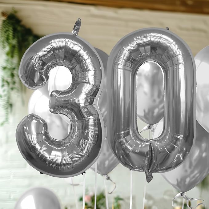 40 Inch Large Number Celebration and Decoration Balloon for Birthday Parties, Graduations, Anniversaries, Weddings, Photo Shoots, Special Events - Helium Foil Mylar (Silver Number 30)