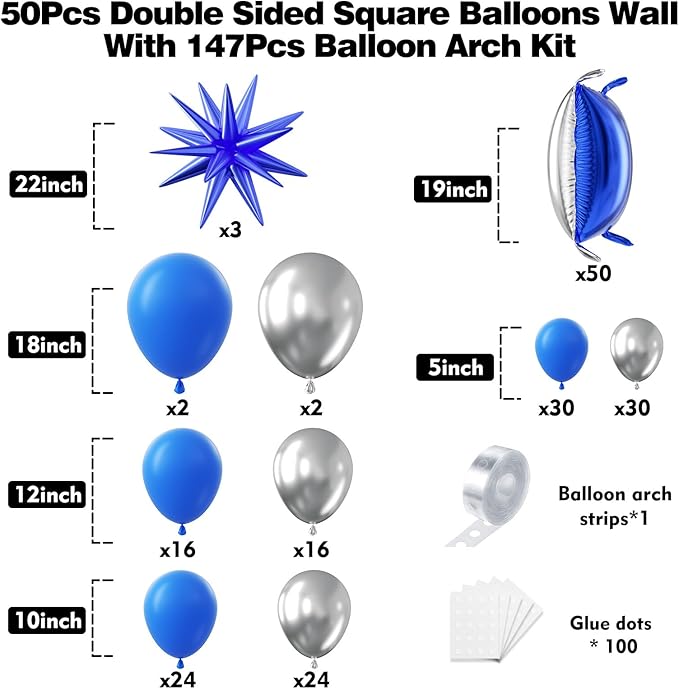 50pcs Navy Blue and Silver Square Foil Balloons Wall Backdrop with 147pcs Dark Blue and Silver Balloon Garland Arch Kit, Double Sided Balloon Tunnel for Birthday Graduation Party Decorations