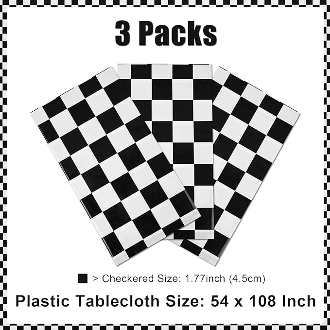 3 Packs Black and White Checkered Tablecloth 54 x 108 Inch Plastic Checkered Table Cloth Disposable Race Car Theme Party Tablecloths for Outdoor Picnic Parties