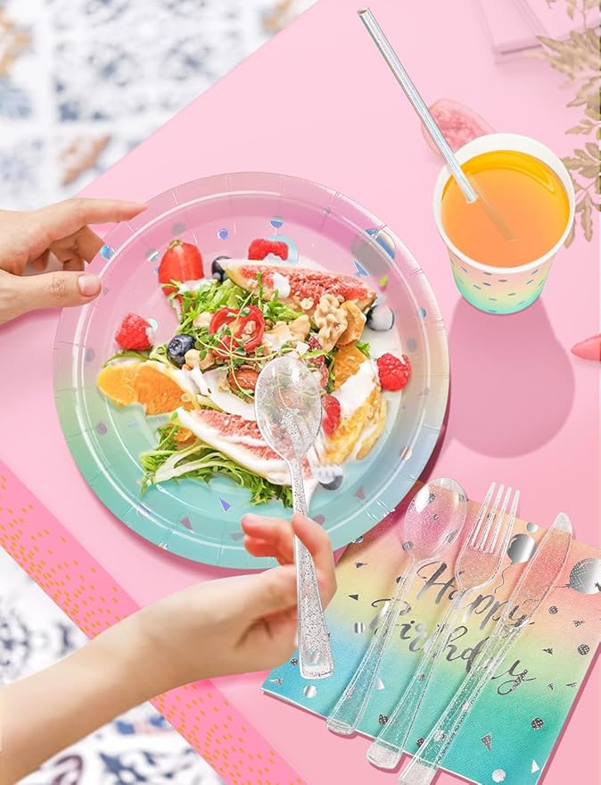 Birthday Party Tableware, 161 Pieces Rainbow and Silver Party Supplies, Dinnerware Sets Include Paper Plates Napkins Cups Silverware, for Shower Engagement Parties Decoration -20 Serves