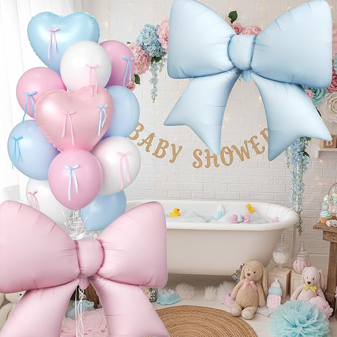 Gender Reveal Balloons, Pink and Blue Heart Balloons 38 Inch Bow Balloon, Baby Blue Light Pink White Balloon for Boys Girls Birthday Wedding Bridal Baby Shower Valentine Gender Reveal Decorations