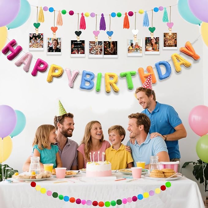 Pre-Strung Happy Birthday Banner, Felt Happy Birthday Garland, Pompom Ball Garland, Colorful Thread Tassel Banner with Photo Clips, Reusable Party Decorations for Party Decor, Photo Prop