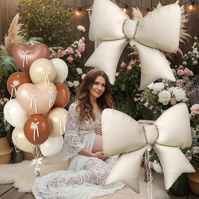 16Pcs Apricot Brown Heart Balloons, 38 Inch Bow Balloons, Tan Beige Sand White Balloon and Bow Heart Shaped Foil Balloon for Neutral Birthday Wedding Bridal Baby Shower Valentines Day Decorations