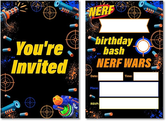 Soiceu Nerf War Birthday Invitations Dart Gun Battle Boys Party Invites with Envelopes Set of 20