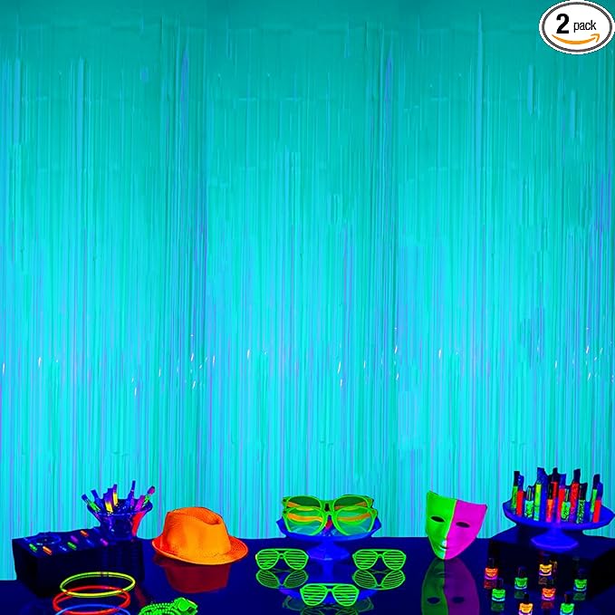 2 Pack Foil Fringe Backdrop - Fluorescent Green Shiny Tinsel Curtains for Party Decoration/Photo Booth Props - 3.3x6.6 FT Metallic Foil Backdrop for Birthday, Wedding, Graduation, Christmas.