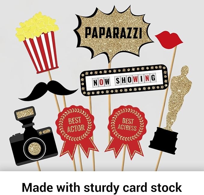 Fully Assembled Hollywood Photo Booth Props - Set of 27 - Black Gold Red Selfie Signs - Movie Night Themed Party Supplies & Decorations - Cute Oscars Designs with Real Glitter - Did We Mention No DIY