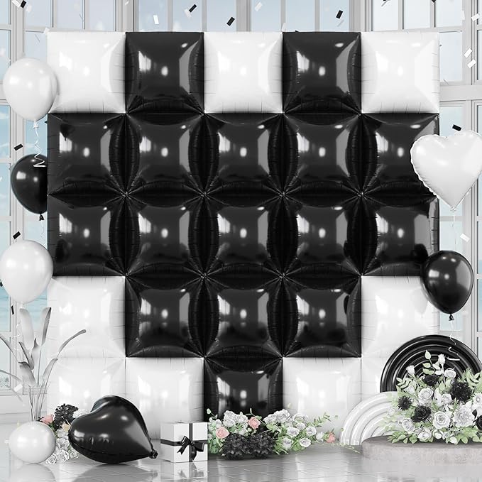 Black and White Square Foil Balloons Wall, 25PCS Double Sided Pearl White and Metallic Black Checkered Square Balloon Backdrop Wall Party Decorations for Racing Car Disco Birthdays New Year Background