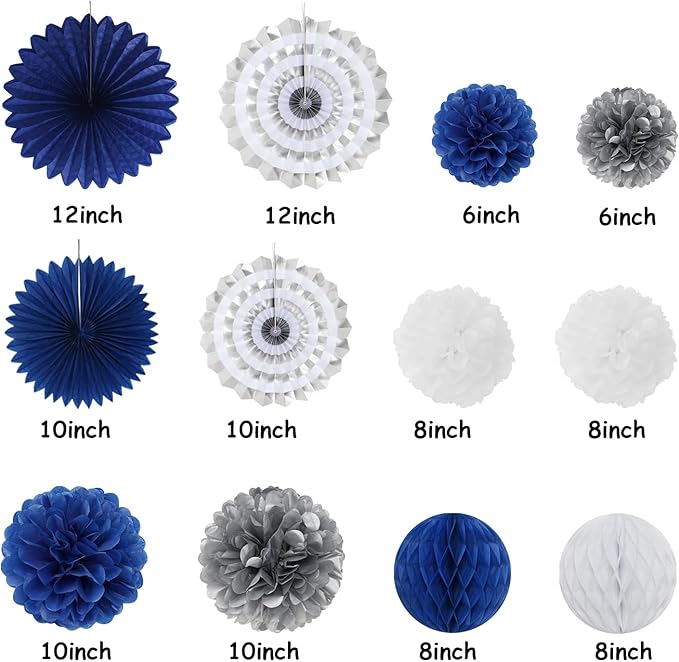 Navy-Blue White-Silver Party-Decoration Graduation Banner - 14pcs Kits Cap Garland Streamers, Royal Paper Tissue Pom Poms Flowers Fans Honeycomb,Class Of 2026 College High School Grad Decor Hugfond