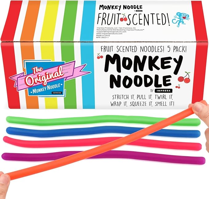 IMPRESA Monkey Sensory Noodles - 5-Pack, 12 in to 8ft, Ages 3+ - Calming Relief with Stretchy Fidget - String Toy for On-The-Go Relief - Durable TPR
