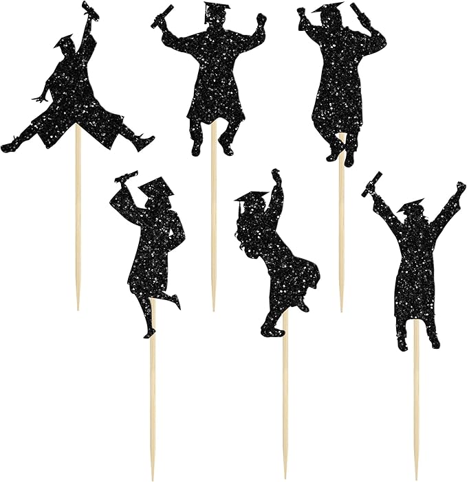 Gyufise 24Pcs 2026 Graduation Cupcake Toppers Black Glitter Class of 2026 Boys Girls Graduation Cap Cupcake Picks for 2026 Grad Theme Party Cake Decorations Supplies