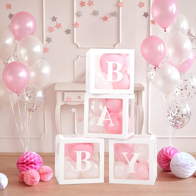 Baby Boxes with Letters for Baby Shower, 4 Transparent Balloon Boxes with Letters for Gender Reveal Birthday Wedding Baby Shower Decorations( Pink and White Balloons)