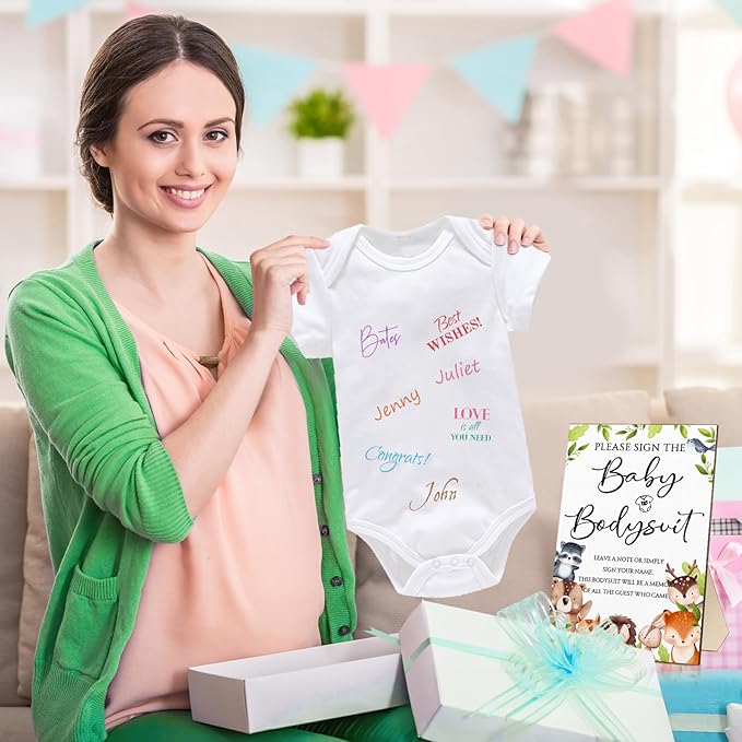 Qunclay 12 Pcs Baby Shower Game Decor with White Unisex Bodysuit Wooden Sign Tabletop Decor and Marker for Guests(Woodland)