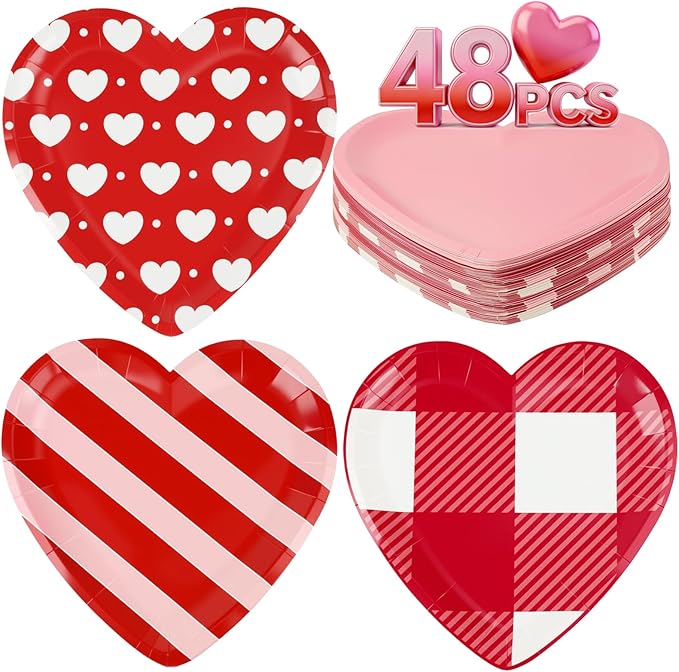 48 Pack 9 Inch Heart Shaped Paper Plates for Mother's Day & Valentine’s Day, Disposable Pink & Red Party Plates, 4 Designs for Wedding, Anniversary, Galentine’s Day Party Supplies