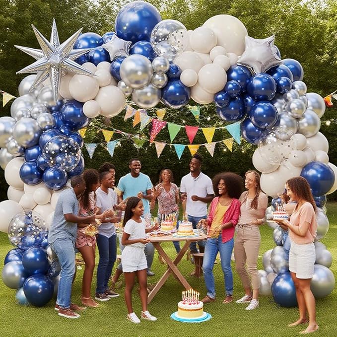 Navy Blue Sliver Sand white Balloon Garland Arch Kit, Royal Blue White Metallic Sliver Confetti Mixed Sizes Balloons for Anniversary Baby Shower Wedding Birthday Party Decorations