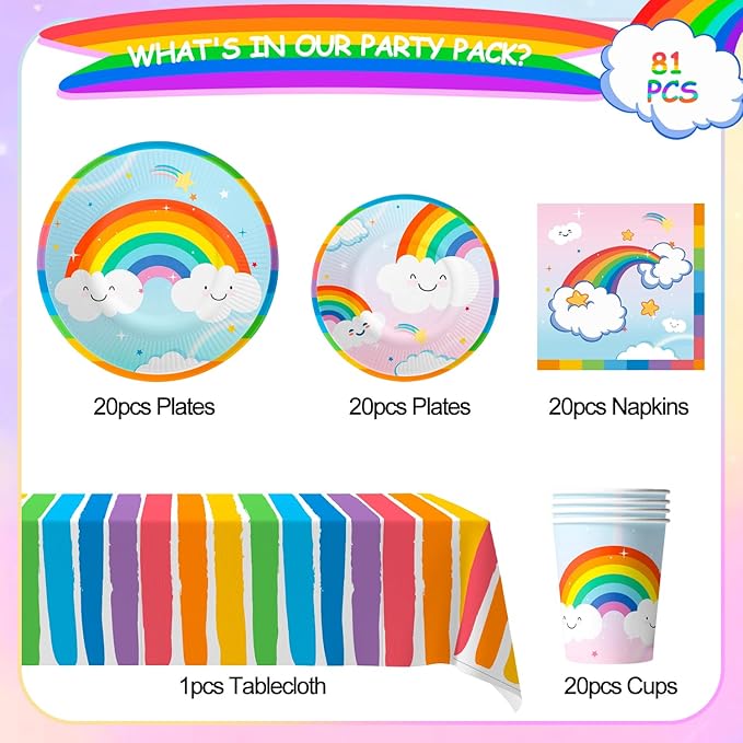 20 Guests Rainbow Birthday Party Tableware, Include Colorful Plates Cups Napkins Tablecloth etc Rainbow Birthday Party Decorations