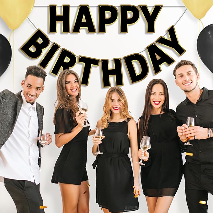 Happy Birthday Banner - 9ft Pre-Strung Happy Birthday Sign for Women, Men, Girls, Boys - No DIY Birthday Decorations & Party Supplies(Black Gold)