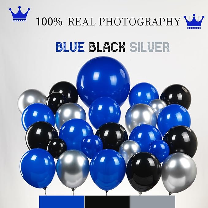 Black royal blue and Silver Balloon Garland Arch Kit 130+ Pieces with royal blue and Silver Stars, Graduation Certificate Graduation Cap GRAD Letters Mylar Balloons for 2025 Graduation Prom Decoration