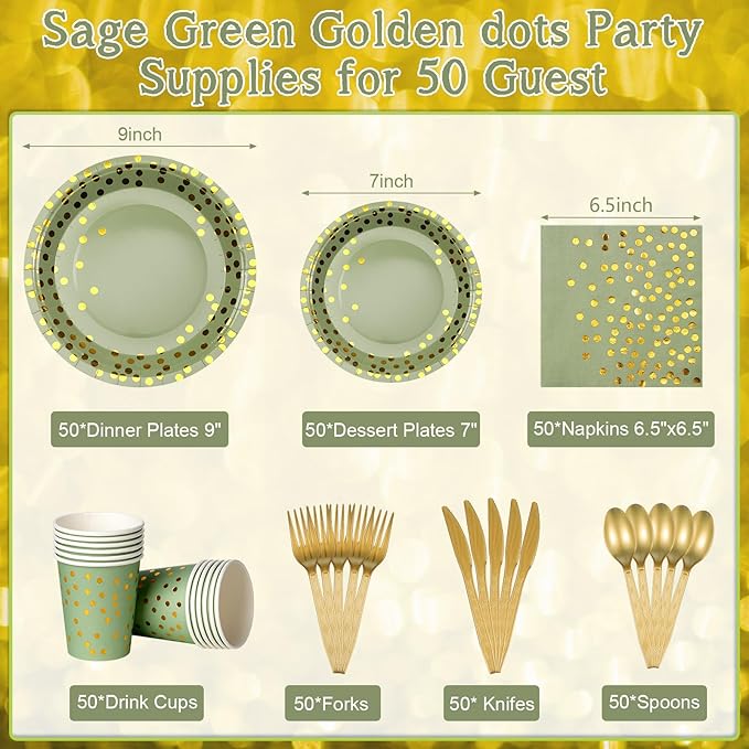 350pcs Sage Green Paper Plates and Napkins Set, Disposable Sage Green and Gold Polka Dot Party Plates Cups For Baby Shower Birthday Wedding Party Supplies and Decorations, Serve 50