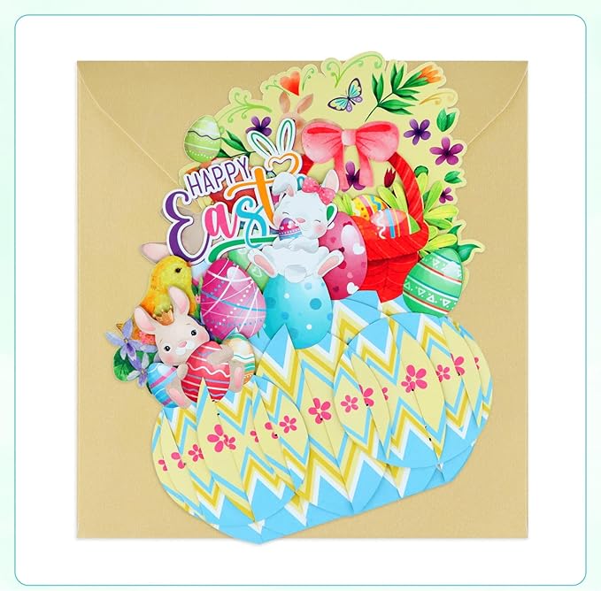 FaCraft Easter Pop Up Cards - Pop Up Easter Greeting Cards for Kids Adults with Golden Envelope, Spring Gift for Daughter Son Friend Family Grandson Granddaughter (3D Bunny & Chick Design)
