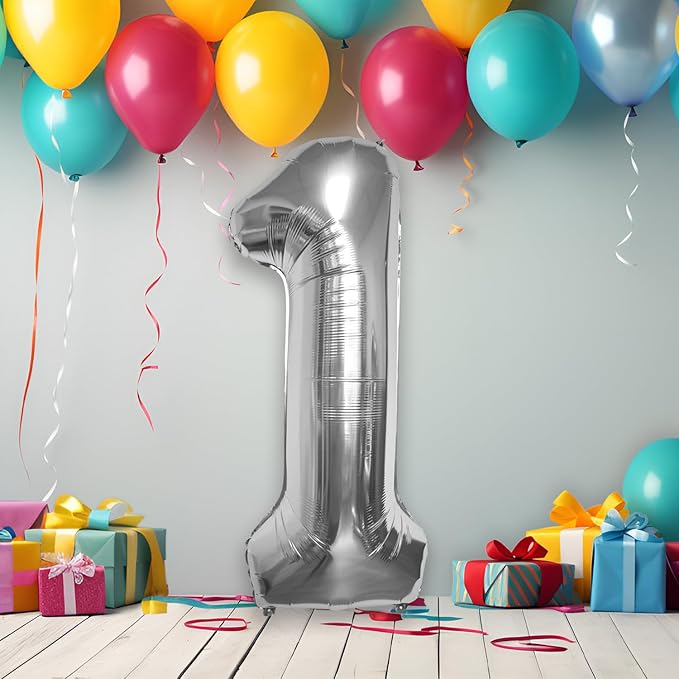 40 Inch Large Silver Number Celebration and Decoration Balloon for Birthday Parties, Graduations, Anniversaries, Weddings, Photo Shoots, Special Events - Helium Foil (Silver Number 1)