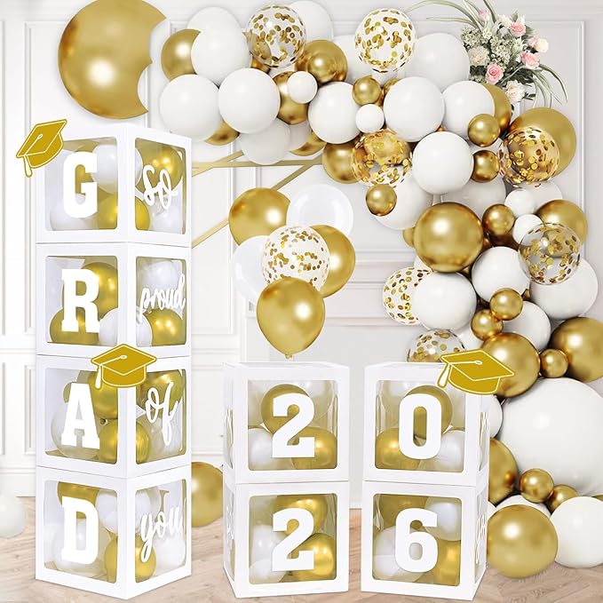 DAZONGE 2026 Graduation Party Decorations - Set of 4 Graduation Boxes with 139pcs Balloons Arch Garland Kit & 4 Light Strings - So Proud of You Class of 2026 Decorations for Any Grades