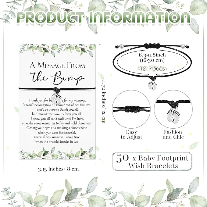 Thyle 50 Set Green Leaf Baby Shower Favors for Guests Adjustable Bracelets with Message from the Bump Card Footprints Charm Baby Shower Bracelets for Gender Reveal Thank You Gifts