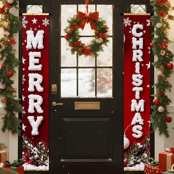 Nuxovilar Merry Christmas Snowflake Decor Polyester Banner 12x70.86 Inches Christmas Door Banner, Festive Home Decor for Living Room, Porch, Holiday Parties