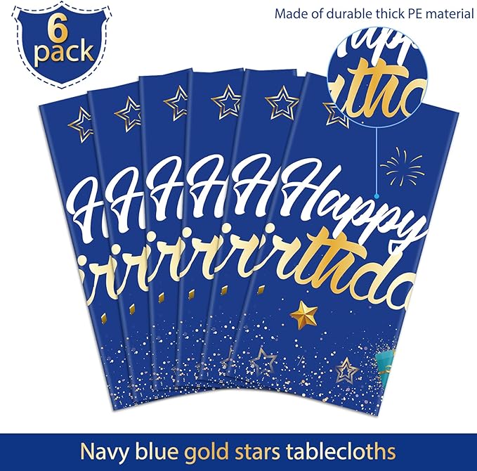 Tegeme Navy Blue Party Supplies Stars Happy Birthday Tablecloths Starry Confetti Table Covers for Kids Boys Girls Baby Shower Birthday Party Decorations(Navy Blue and Gold,6 Pack)