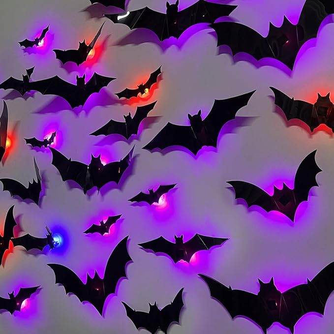 2025 New Halloween 3D Lighted Bats, LED Purple Lighted 3D Bats Halloween Decoration, Upgrade LED Glowing Bat Group Hanging Wall Luminous Glow Clings Multipack (24Pcs Black)