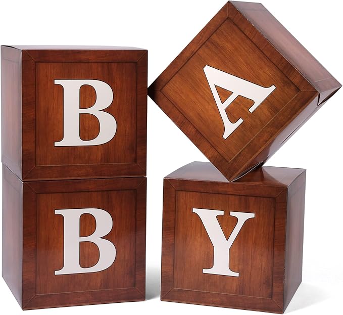 Baby Boxes with Letters for Baby Shower, 4pcs Grain Wood Balloon Boxes for Gender Reveal Birthday Wedding Teddy Bear Baby Shower Decorations (Wood)